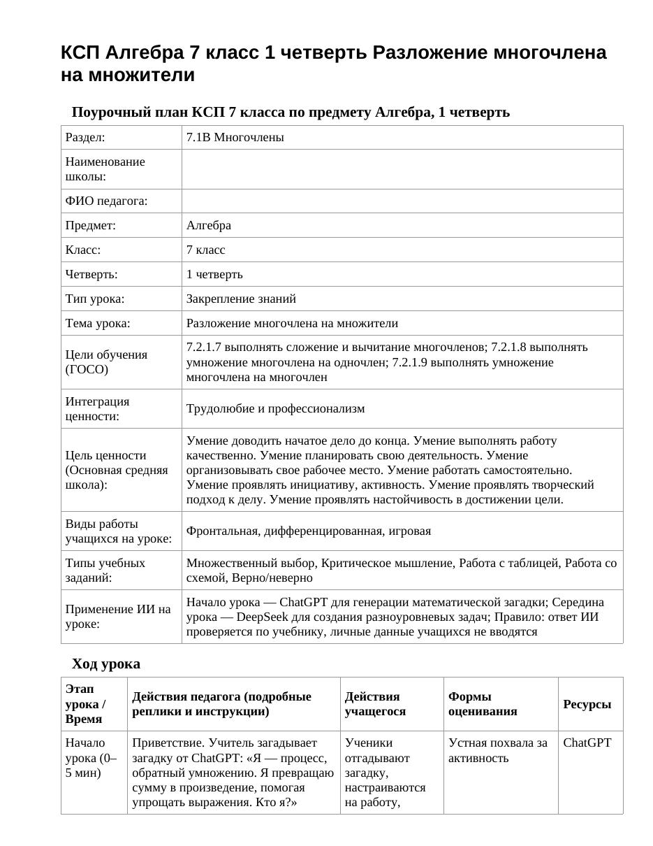 КСП Алгебра 7 класс 1 четверть Разложение многочлена на множители