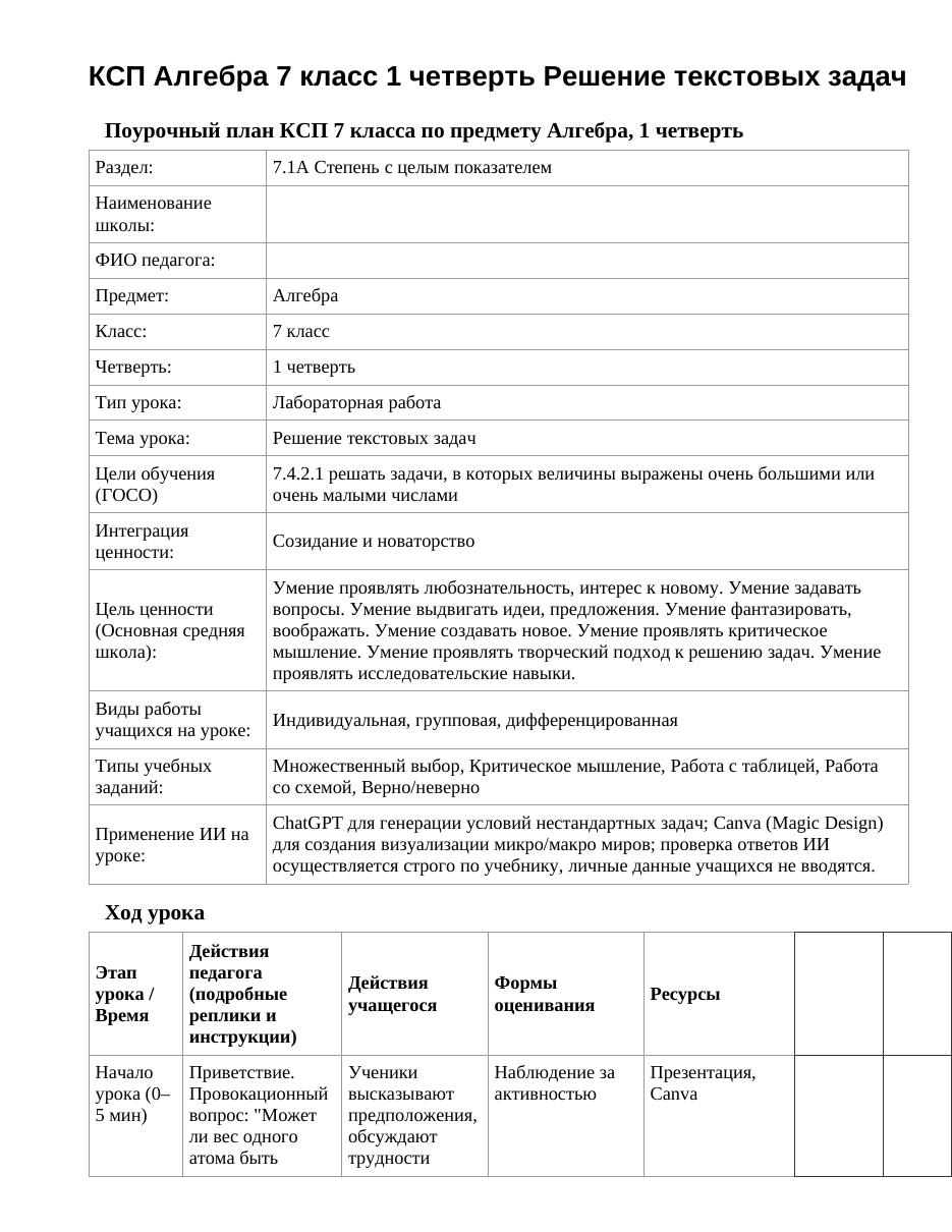 КСП Алгебра 7 класс 1 четверть Решение текстовых задач