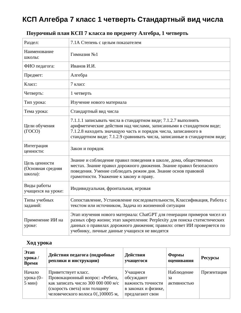 КСП Алгебра 7 класс 1 четверть Стандартный вид числа