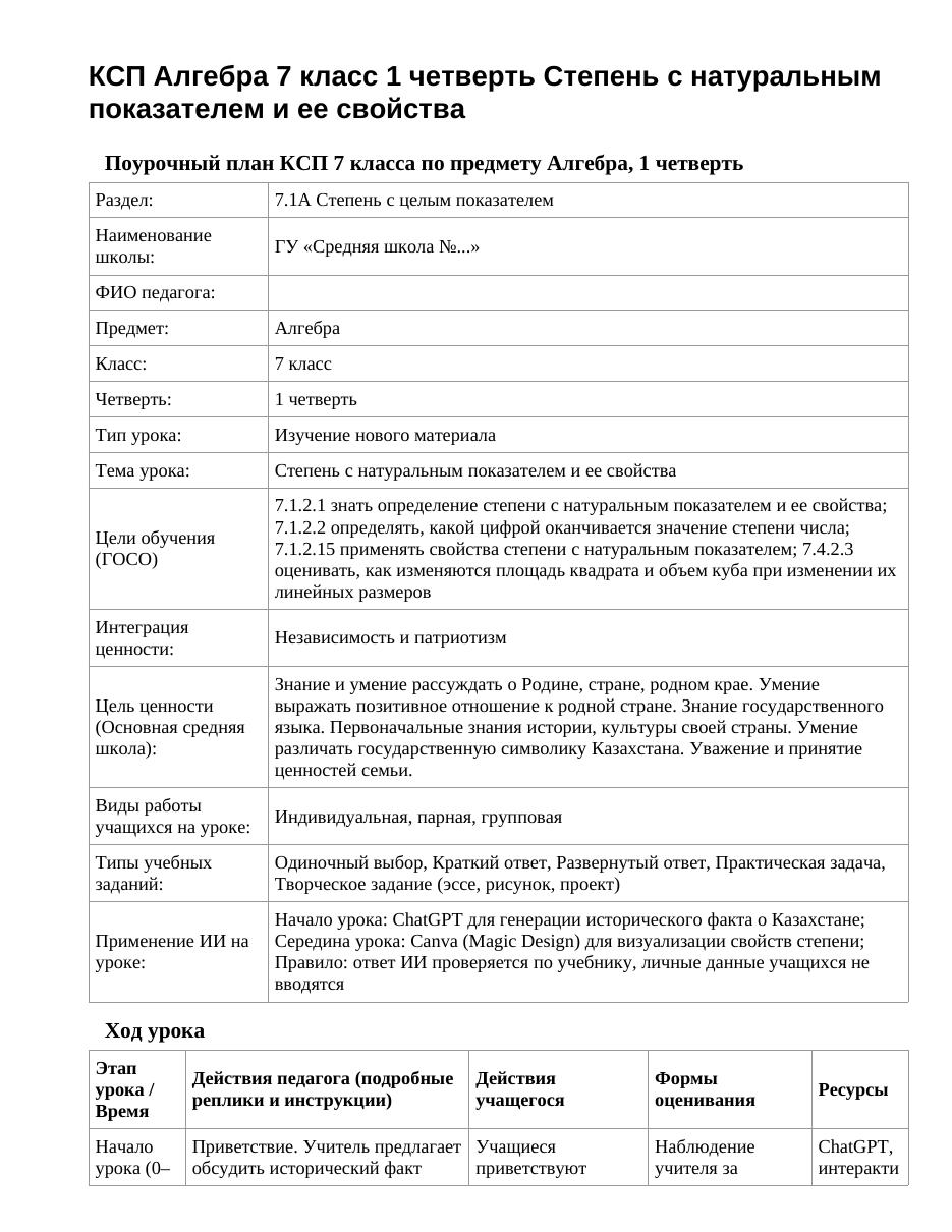 КСП Алгебра 7 класс 1 четверть Степень с натуральным показателем и ее свойства