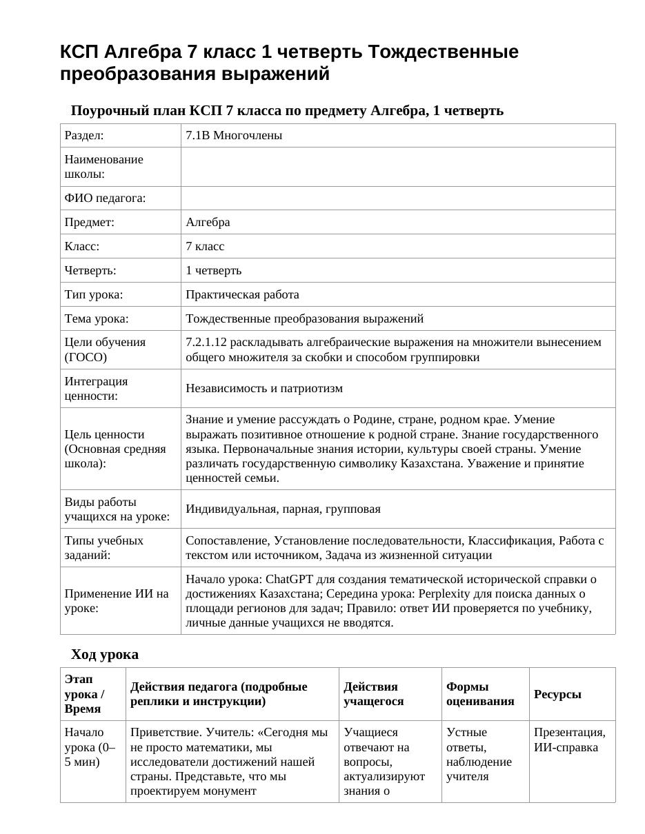 КСП Алгебра 7 класс 1 четверть Тождественные преобразования выражений