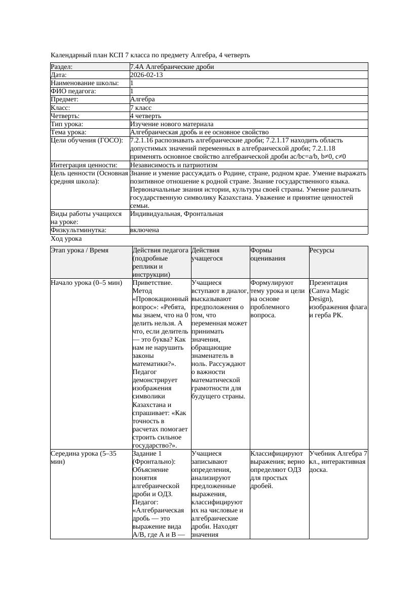 КСП Алгебра 7класс 4четверть Алгебраическая дробь и ее основное