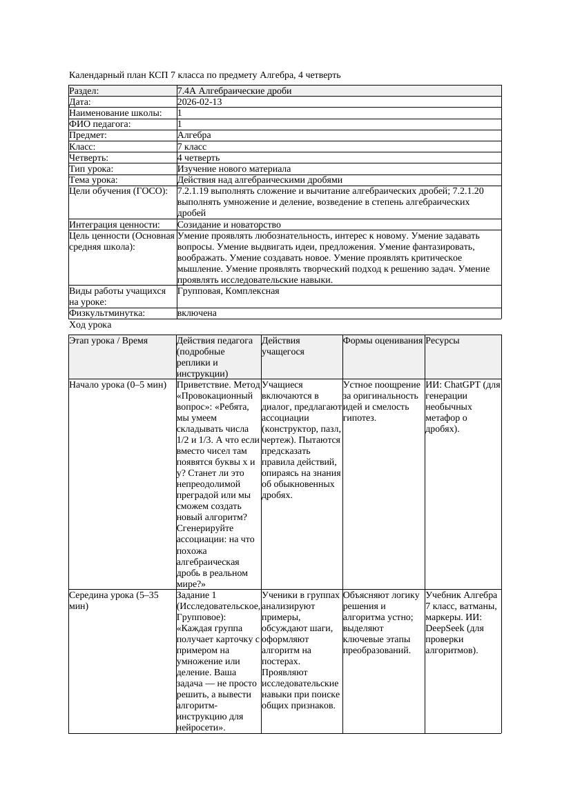КСП Алгебра 7класс 4четверть Действия над алгебраическими дробями