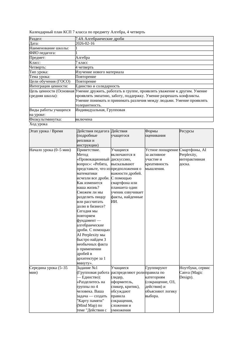 КСП Алгебра 7класс 4 четверть Повторение 20260216 docx