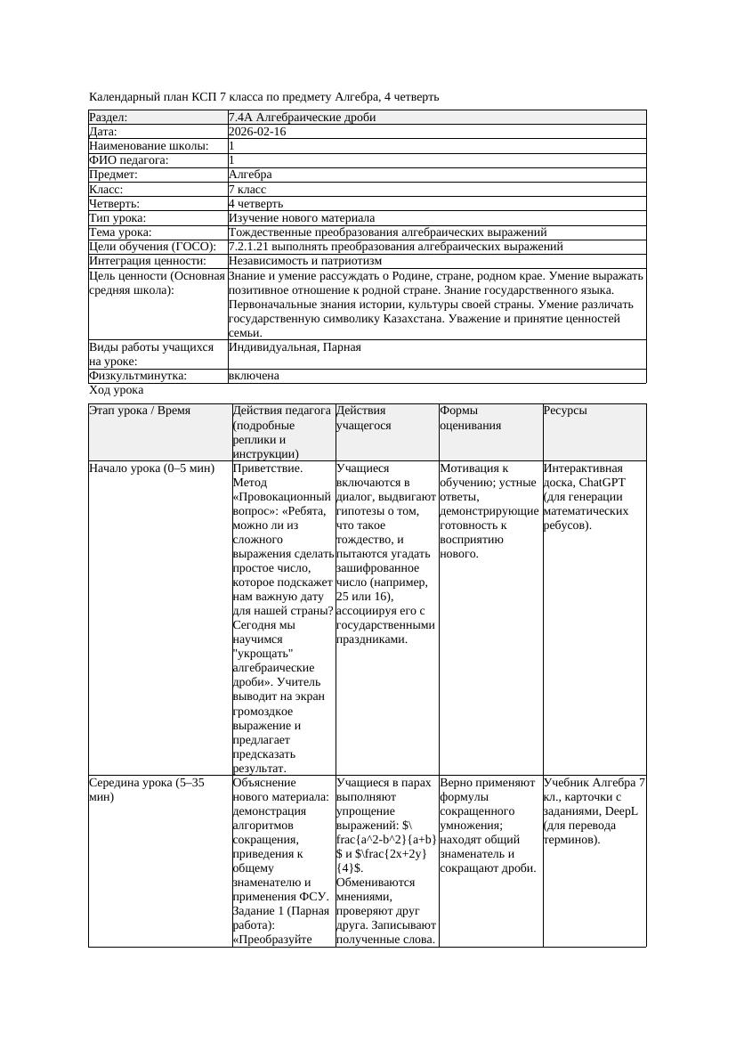 КСП Алгебра 7класс 4 четверть Тождественные преобразования алгебраических