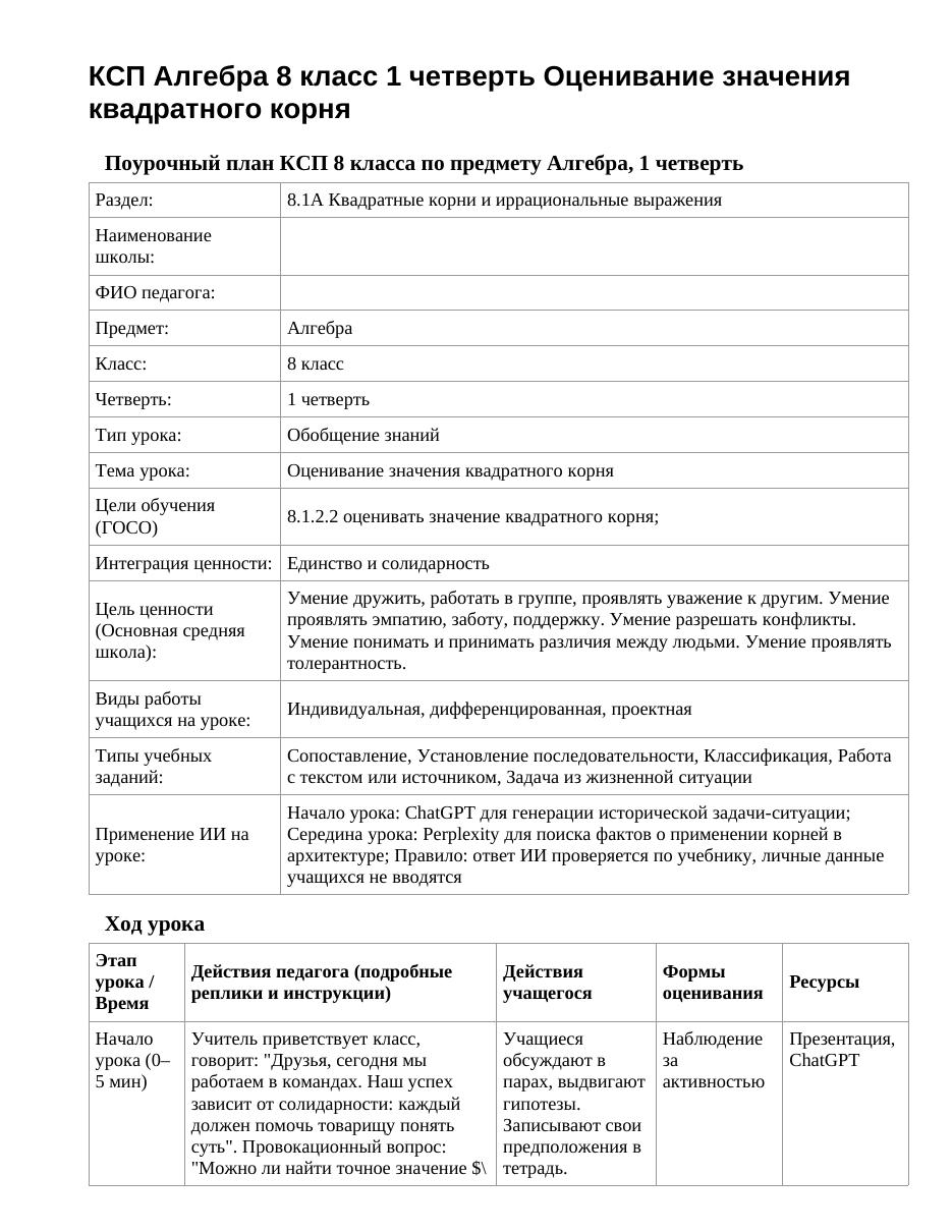 КСП Алгебра 8 класс 1 четверть Оценивание значения квадратного корня
