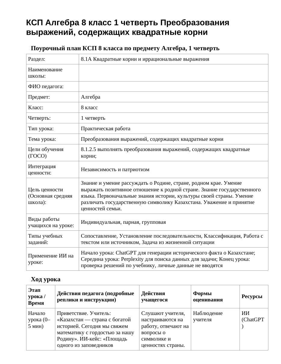 КСП Алгебра 8 класс 1 четверть Преобразования выражений, содержащих квадратные корни
