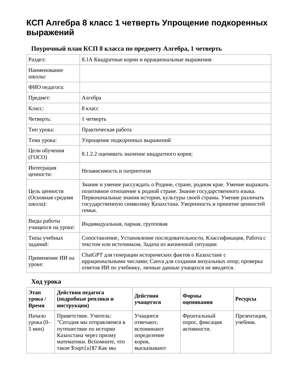 КСП Алгебра 8 класс 1 четверть Упрощение подкоренных выражений