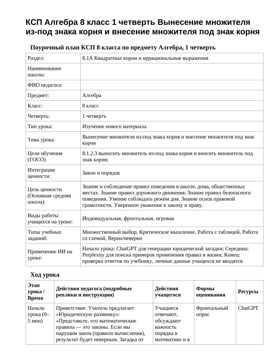 КСП Алгебра 8 класс 1 четверть Вынесение множителя из-под знака корня и внесение множителя под знак корня