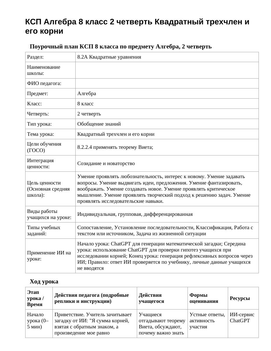 КСП Алгебра 8 класс 2 четверть Квадратный трехчлен и его корни