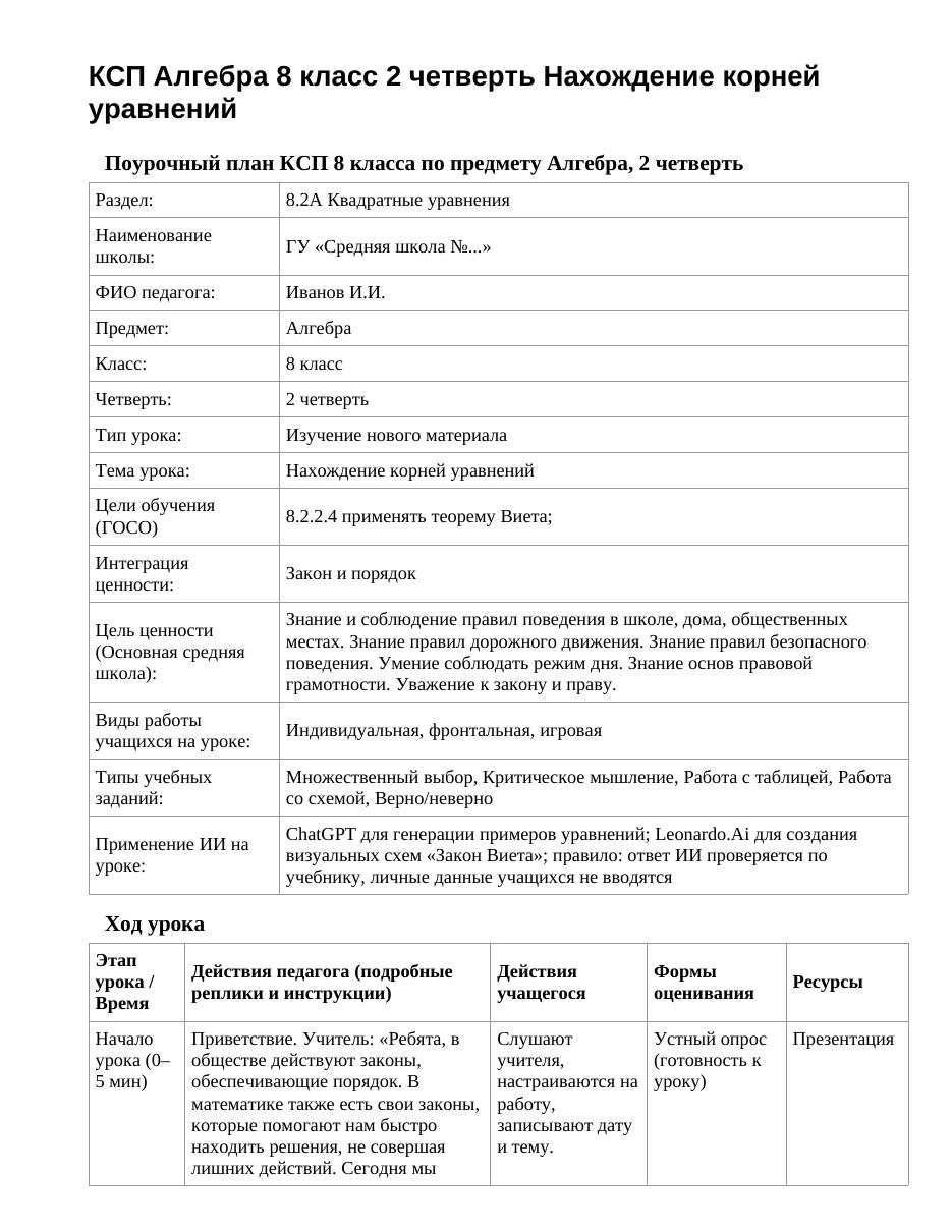 КСП Алгебра 8 класс 2 четверть Нахождение корней уравнений