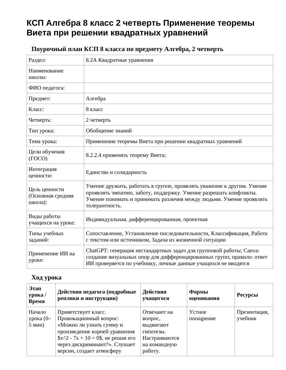 КСП Алгебра 8 класс 2 четверть Применение теоремы Виета при решении квадратных уравнений