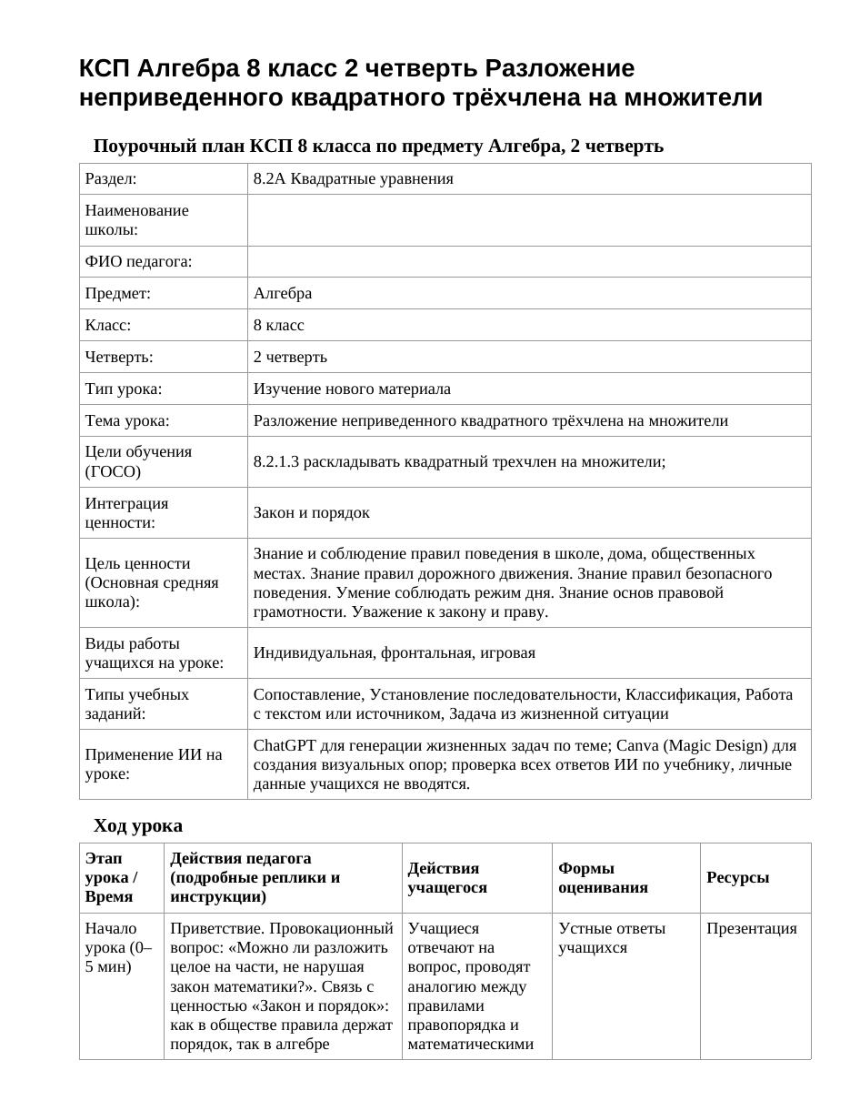 КСП Алгебра 8 класс 2 четверть Разложение неприведенного квадратного трёхчлена на множители