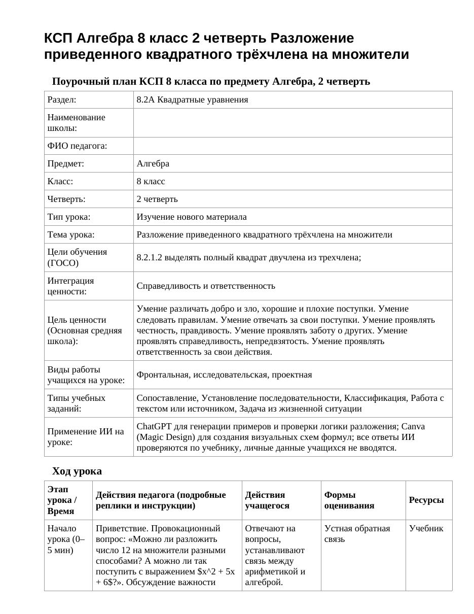 КСП Алгебра 8 класс 2 четверть Разложение приведенного квадратного трёхчлена на множители