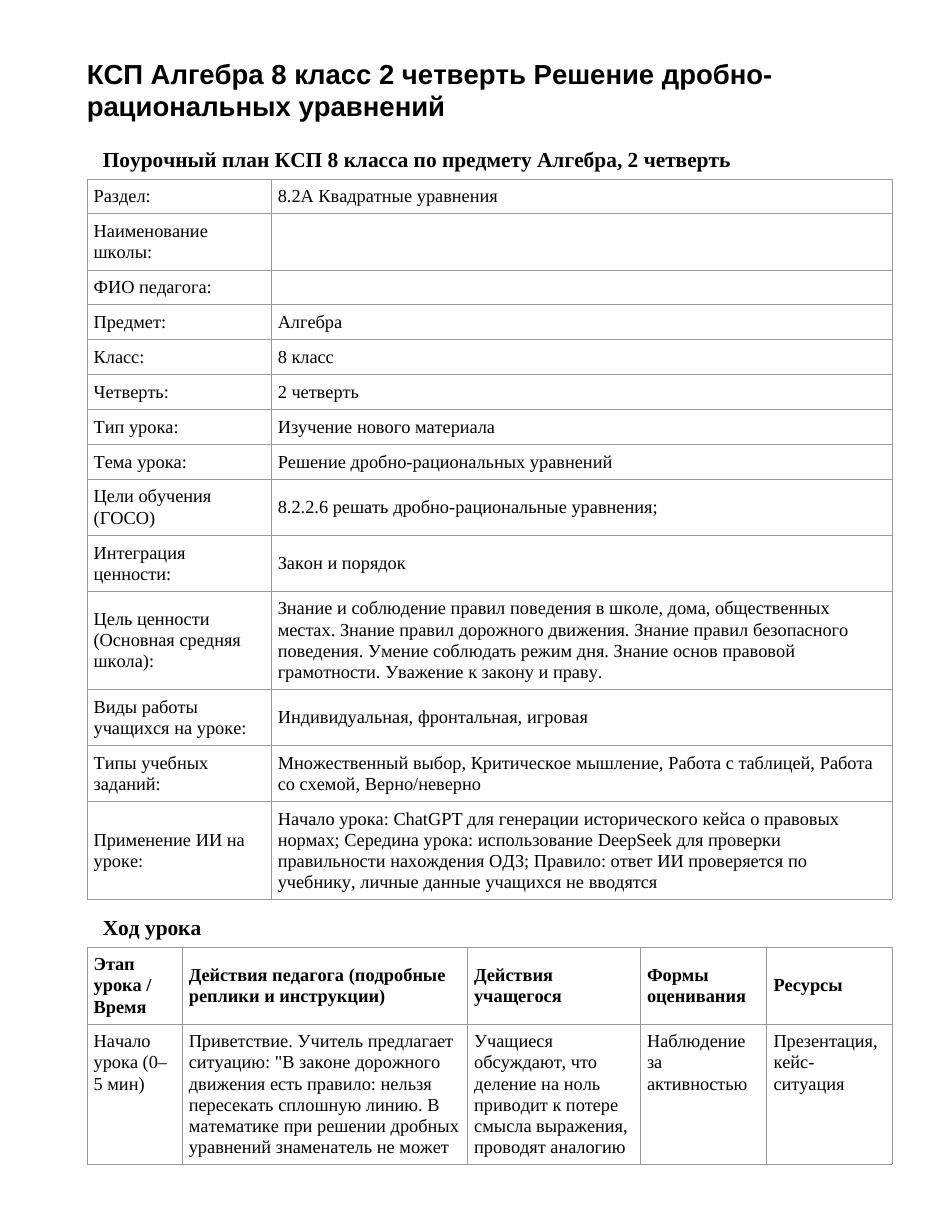 КСП Алгебра 8 класс 2 четверть Решение дробно-рациональных уравнений