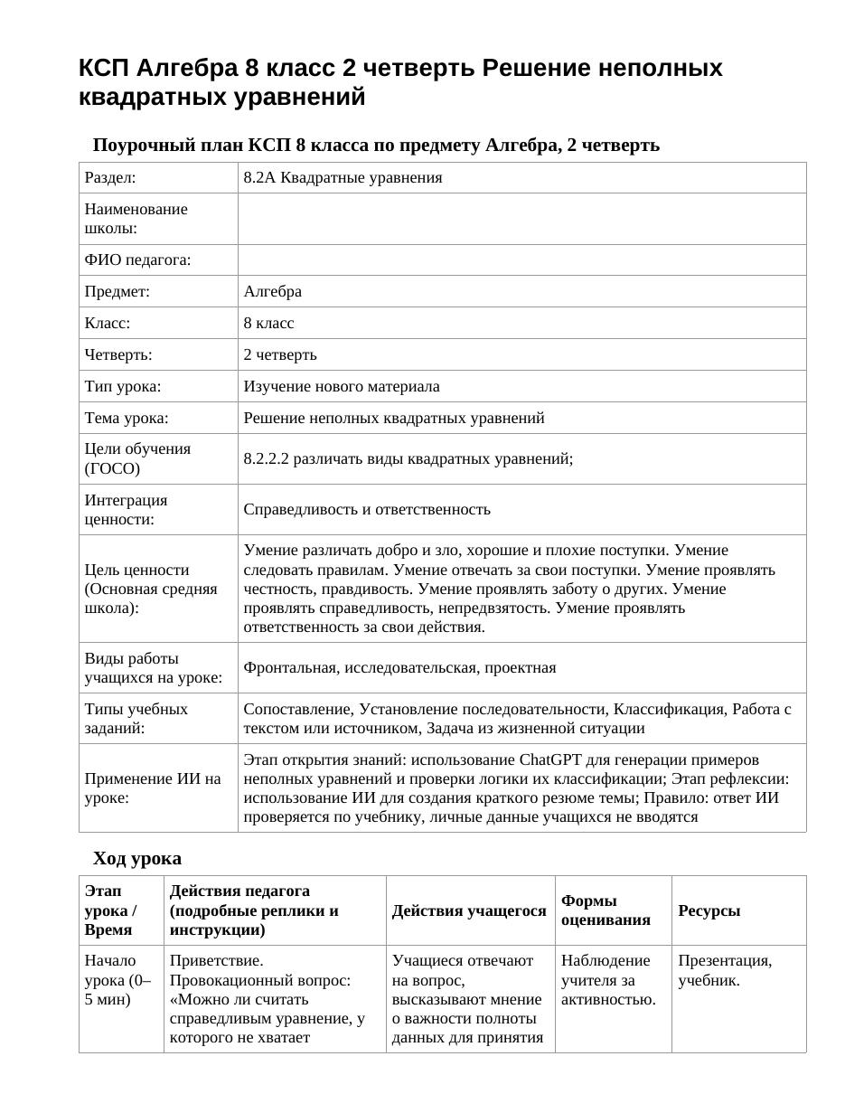 КСП Алгебра 8 класс 2 четверть Решение неполных квадратных уравнений