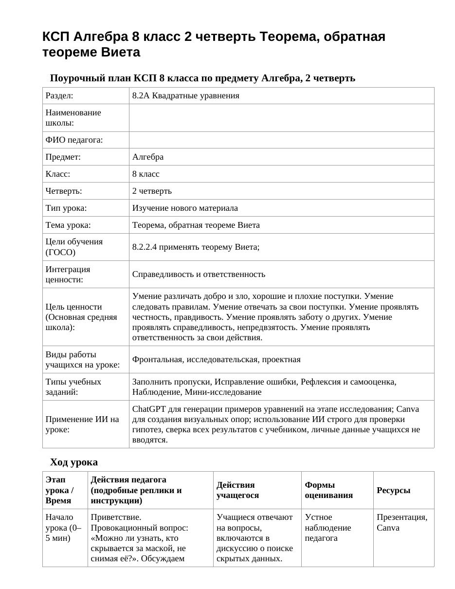 КСП Алгебра 8 класс 2 четверть Теорема, обратная теореме Виета