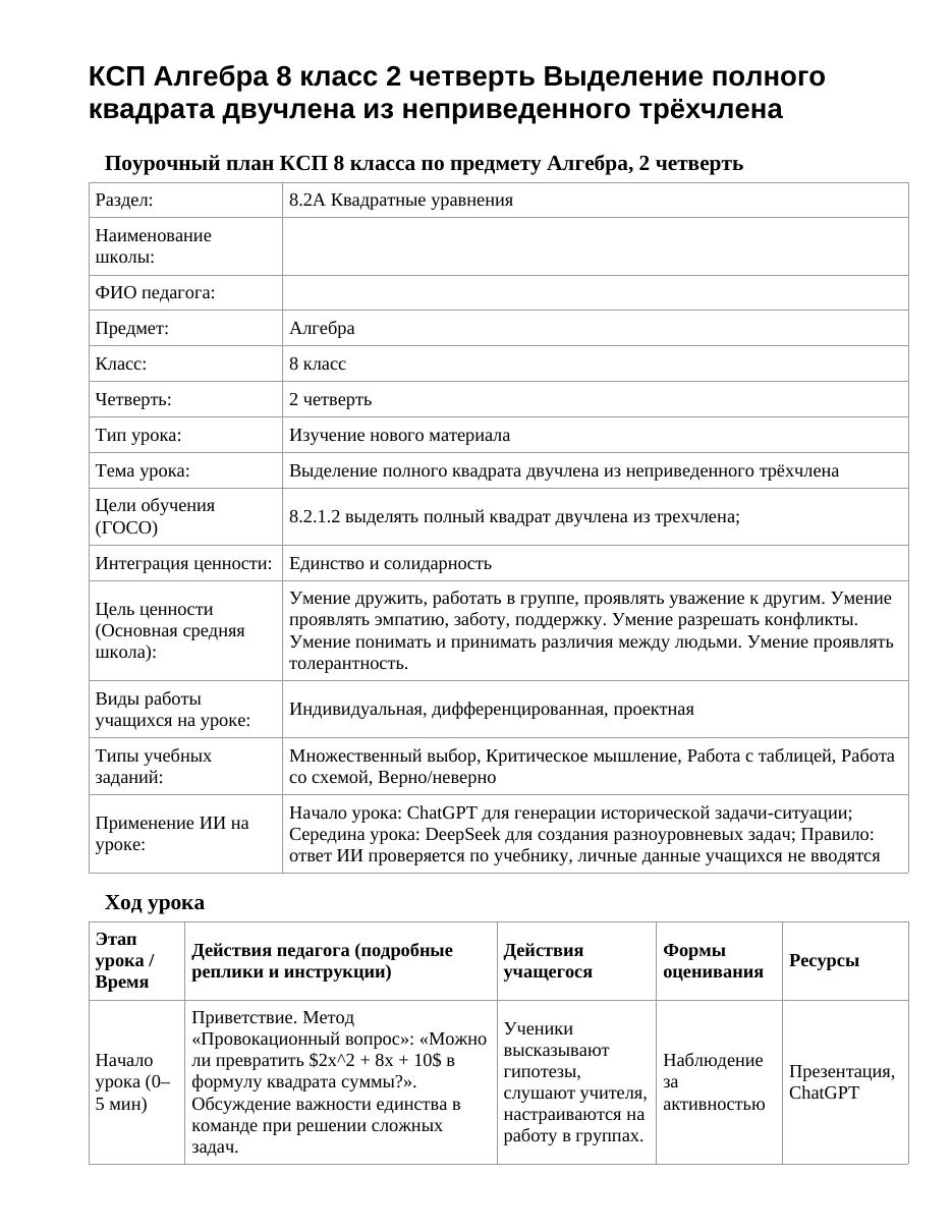 КСП Алгебра 8 класс 2 четверть Выделение полного квадрата двучлена из неприведенного трёхчлена