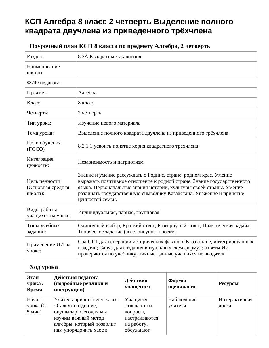 КСП Алгебра 8 класс 2 четверть Выделение полного квадрата двучлена из приведенного трёхчлена