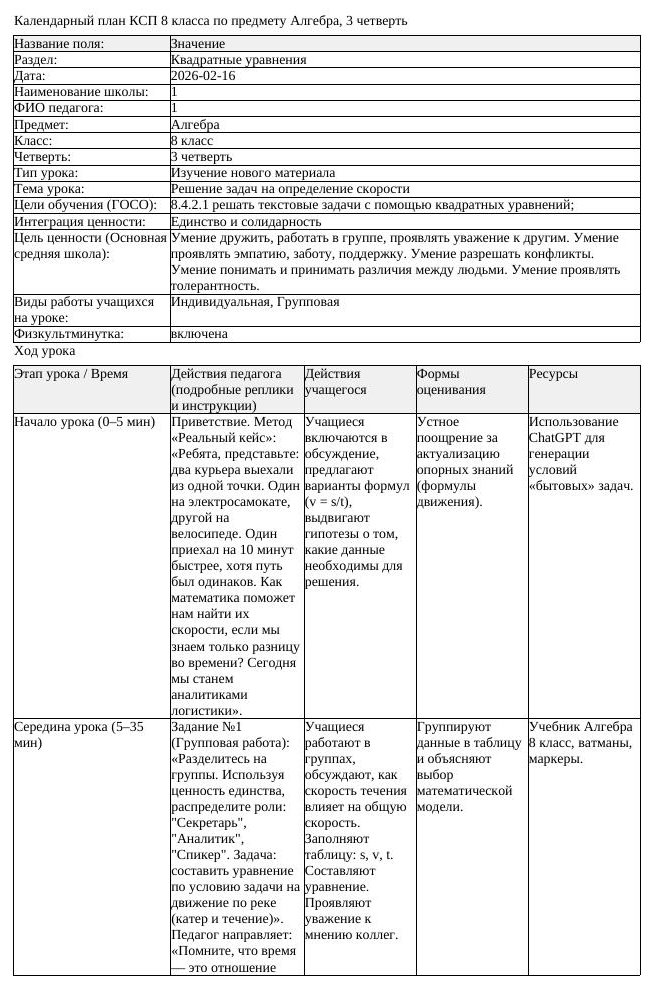 КСП Алгебра 8 класс 3 четверть Решение задач на определение скорости