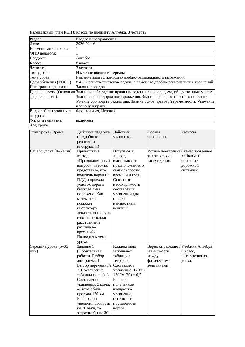 КСП Алгебра 8класс 3 четверть Решение задач с помощью дробно рационального