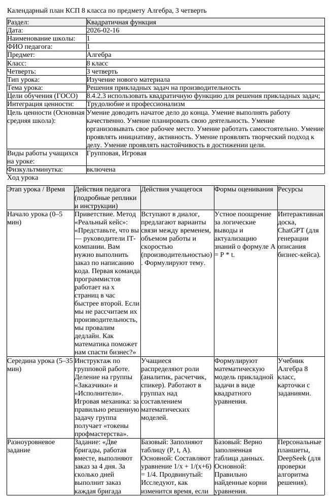 КСП Алгебра 8 класс 3 четверть Решения прикладных задач на производительност