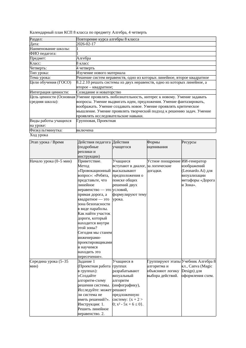 КСП Алгебра 8класс 4 четверть1 Решение систем неравенств одно из