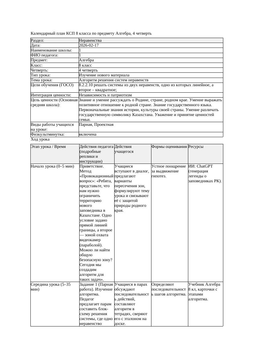 КСП Алгебра 8класс 4 четверть Алгоритм решения систем неравенств