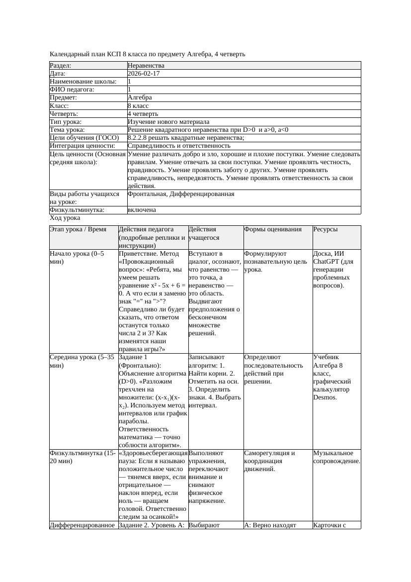 КСП Алгебра 8класс 4 четверть Решение квадратного неравенства при