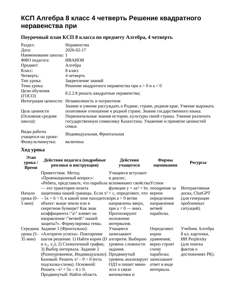 КСП Алгебра 8 класс 4 четверть Решение квадратного неравенства при