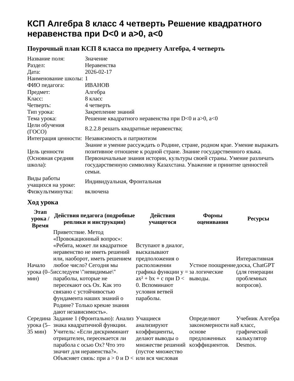 КСП Алгебра 8 класс 4 четверть Решение квадратного неравенства при D<0 и a>0, a<0
