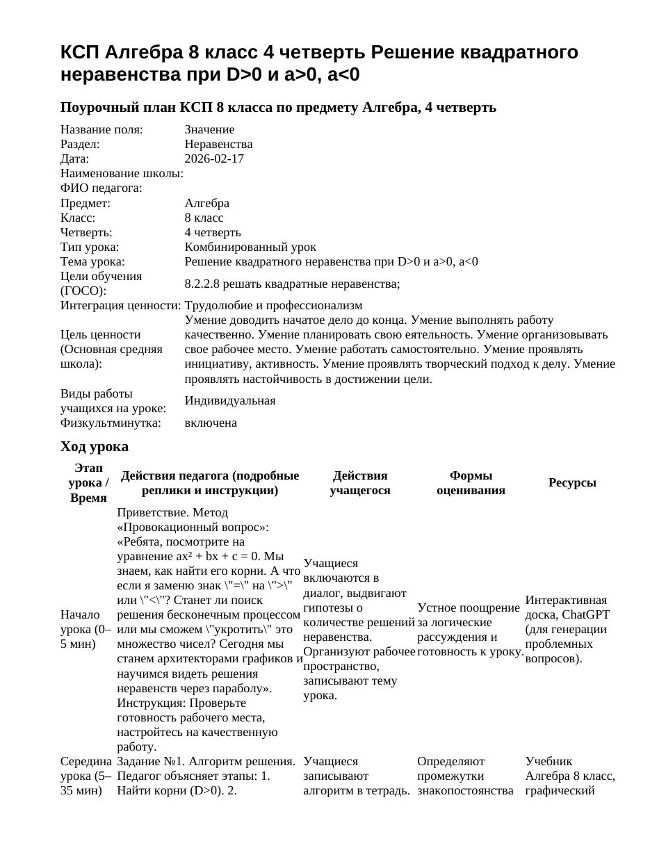 КСП Алгебра 8 класс 4 четверть Решение квадратного неравенства при D>0 и a>0, a<0