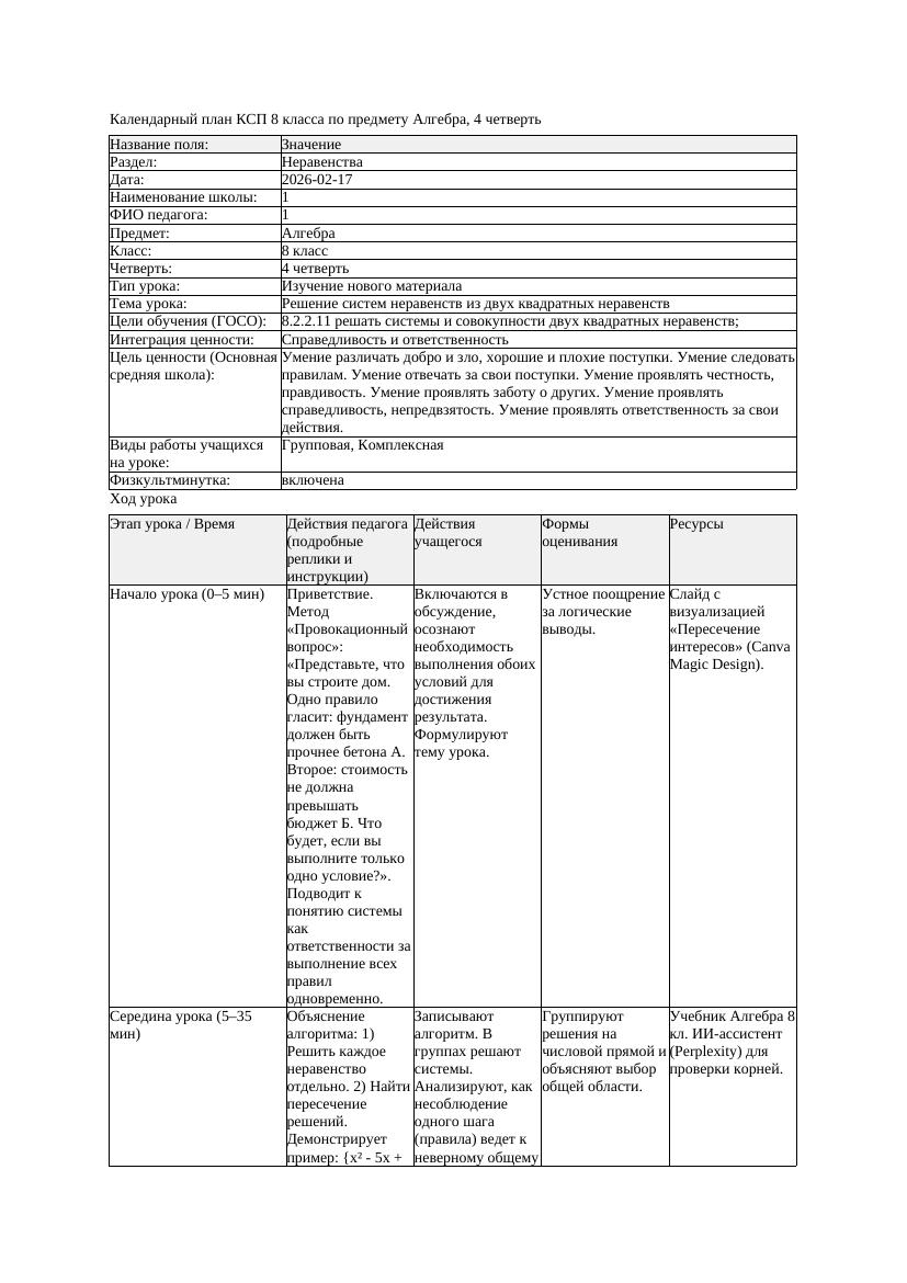 КСП Алгебра 8класс 4 четверть Решение систем неравенств из двух