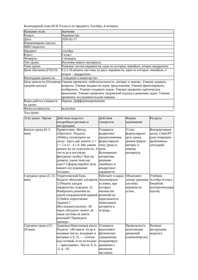 КСП Алгебра 8класс 4 четверть Решение систем неравенств одно из
