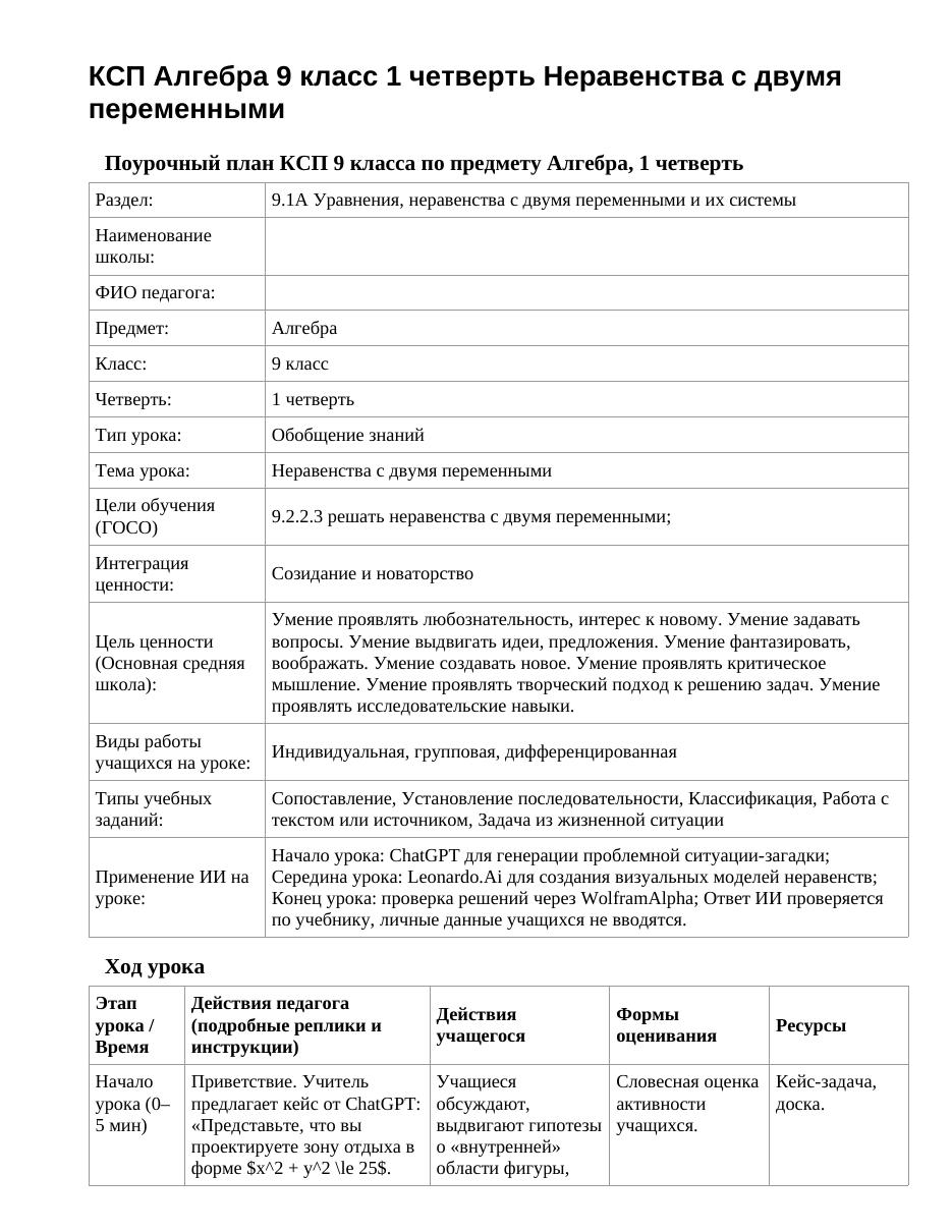 КСП Алгебра 9 класс 1 четверть Неравенства с двумя переменными
