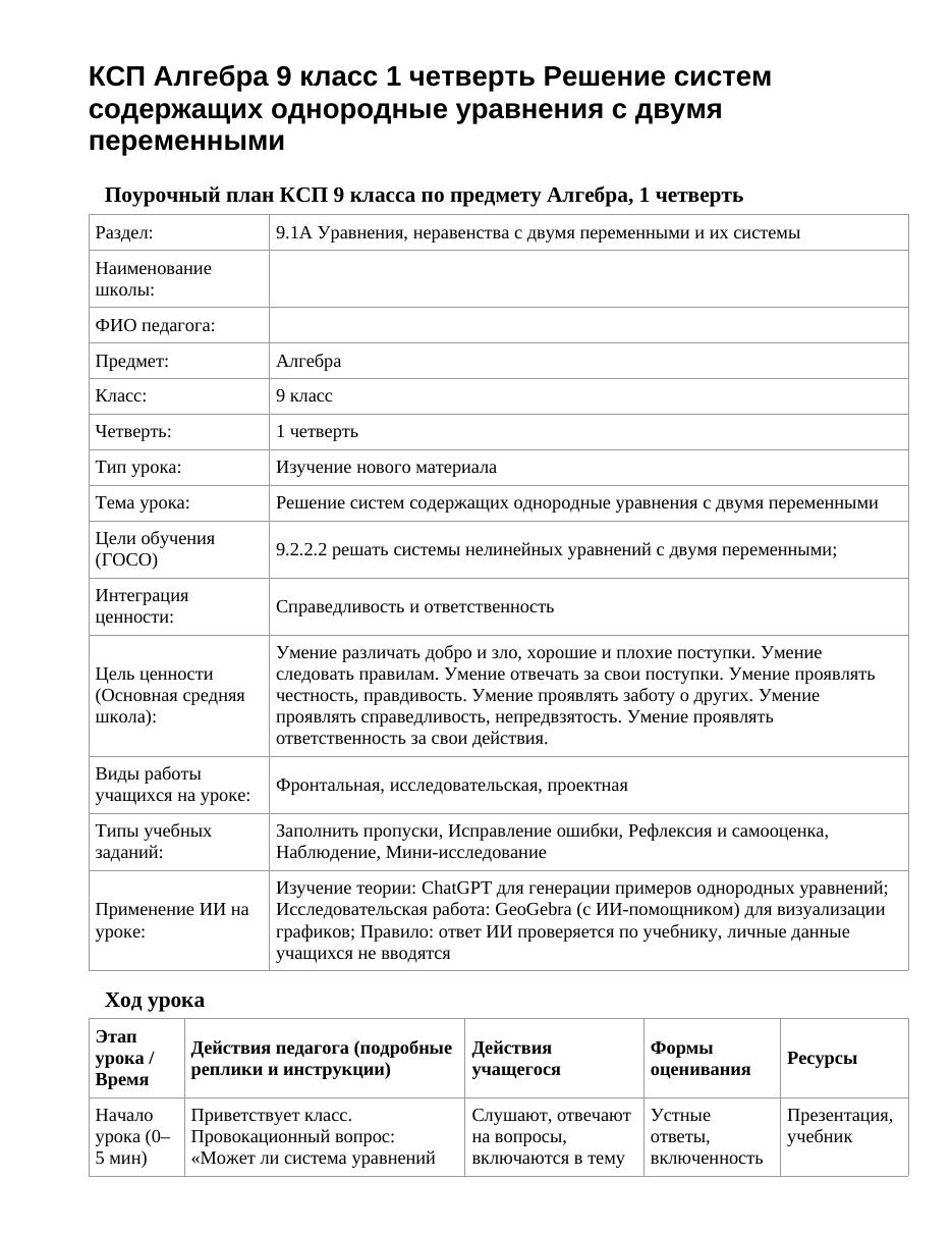 КСП Алгебра 9 класс 1 четверть Решение систем содержащих однородные уравнения с двумя переменными