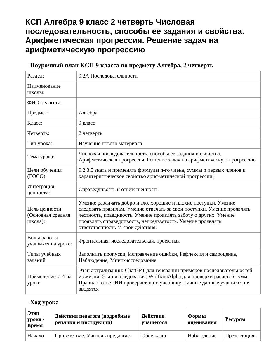 КСП Алгебра 9 класс 2 четверть Числовая последовательность, способы ее задания и свойства. Арифметическая прогрессия. Решение задач на арифметическую прогрессию
