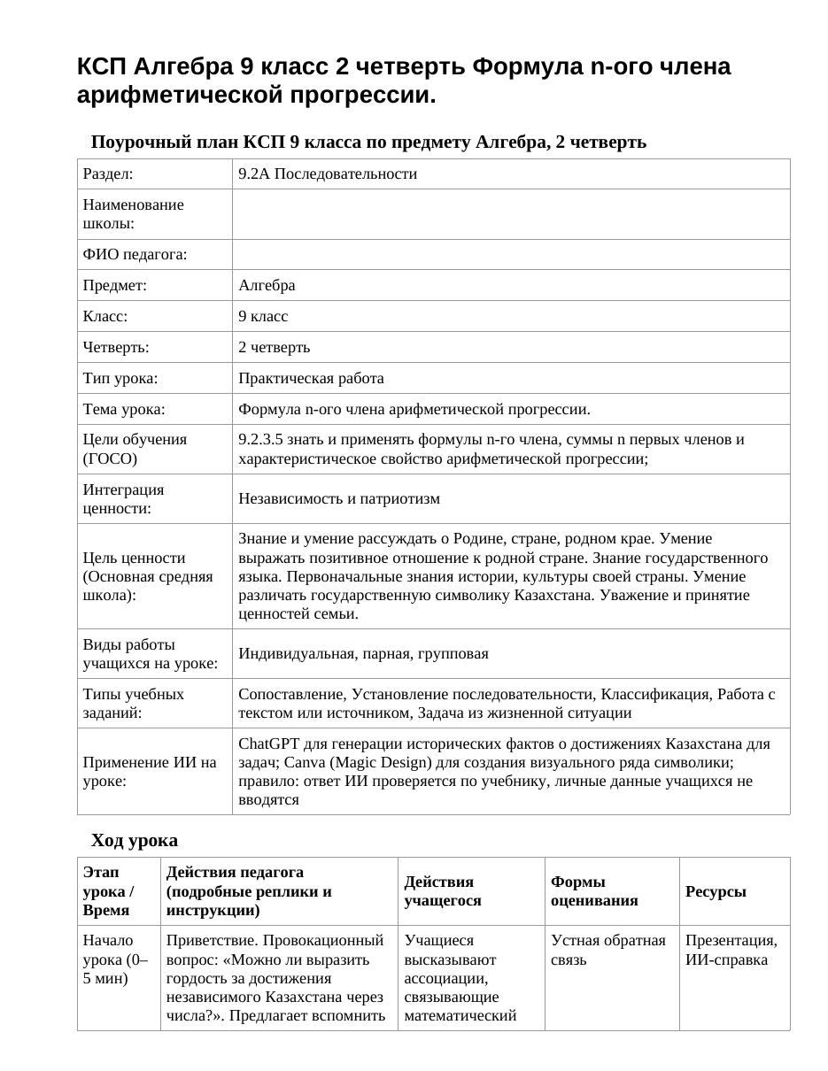 КСП Алгебра 9 класс 2 четверть Формула n-ого члена арифметической прогрессии.