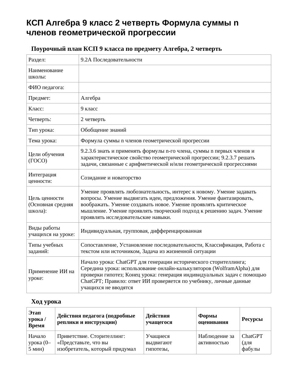КСП Алгебра 9 класс 2 четверть Формула суммы n членов геометрической прогрессии