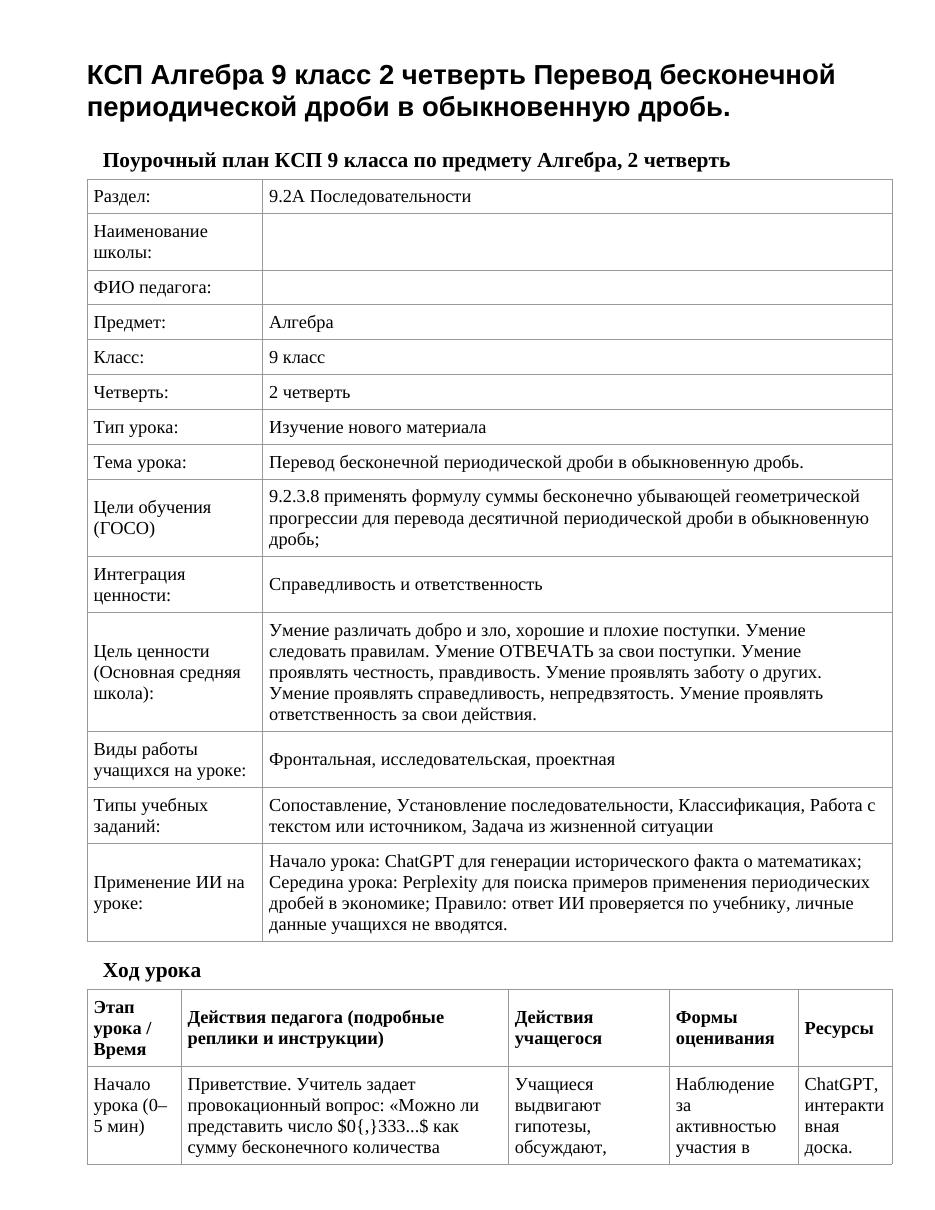 КСП Алгебра 9 класс 2 четверть Перевод бесконечной периодической дроби в обыкновенную дробь.