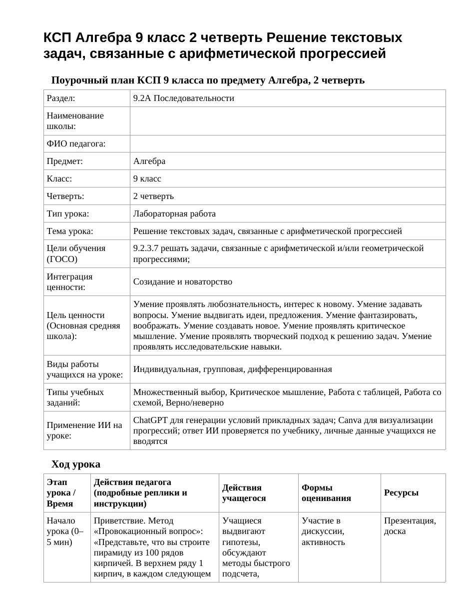 КСП Алгебра 9 класс 2 четверть Решение текстовых задач, связанные с арифметической прогрессией