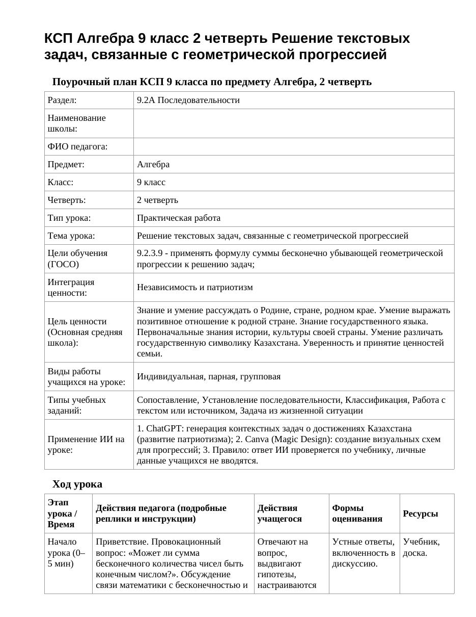 КСП Алгебра 9 класс 2 четверть Решение текстовых задач, связанные с геометрической прогрессией