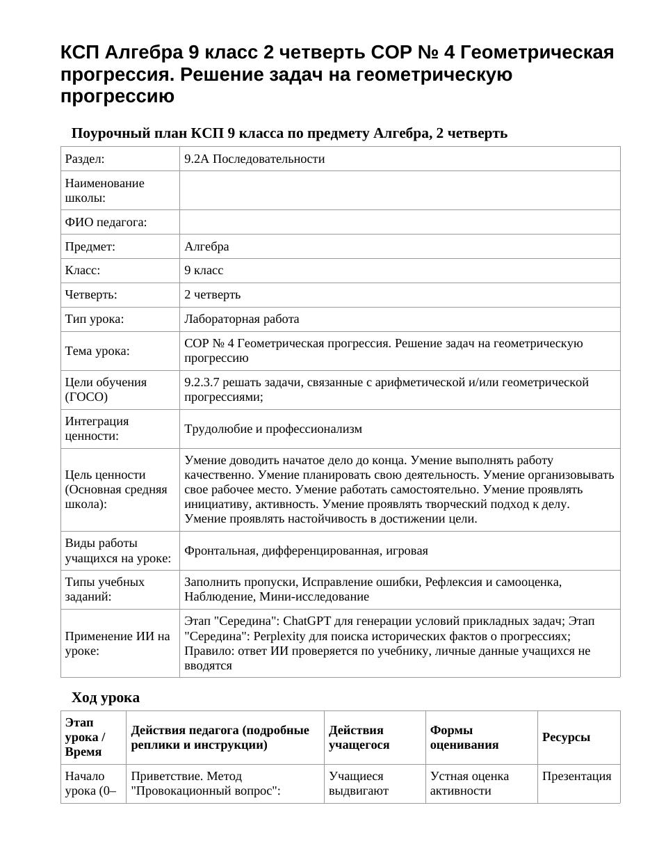 КСП Алгебра 9 класс 2 четверть СОР № 4 Геометрическая прогрессия. Решение задач на геометрическую прогрессию