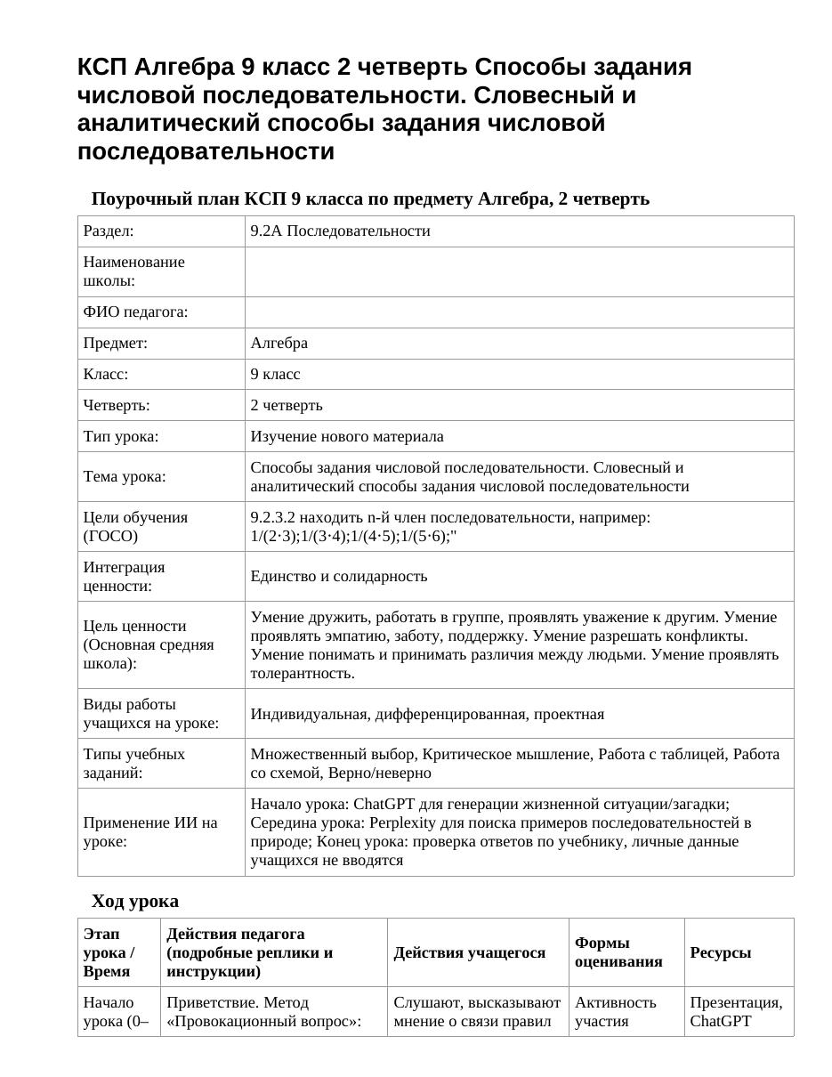 КСП Алгебра 9 класс 2 четверть Способы задания числовой последовательности. Словесный и аналитический способы задания числовой последовательности