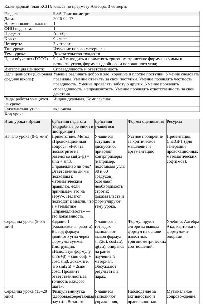 КСП Алгебра 9класс 3 четверть Доказательство тождеств 20260217 docx
