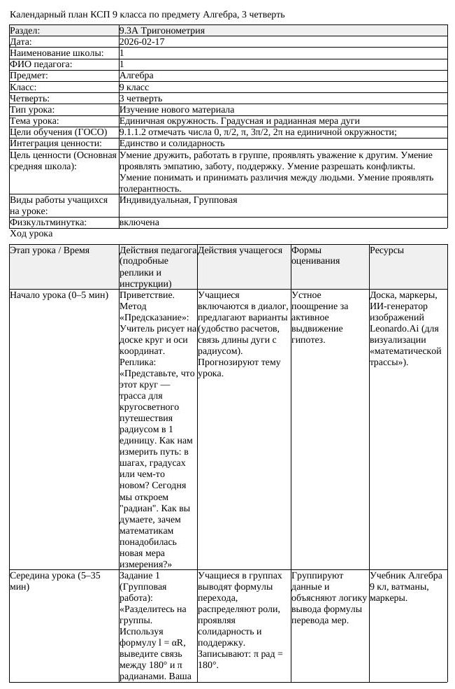 КСП Алгебра 9класс 3 четверть Единичная окружность Градусная и радианная