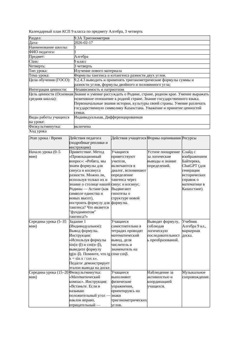 КСП Алгебра 9класс 3 четверть Формулы тангенса и котангенса разности