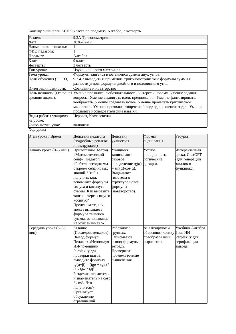 КСП Алгебра 9класс 3 четверть Формулы тангенса и котангенса суммы