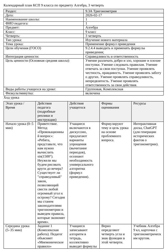 КСП Алгебра 9 класс 3 четверть Применение формул приведения