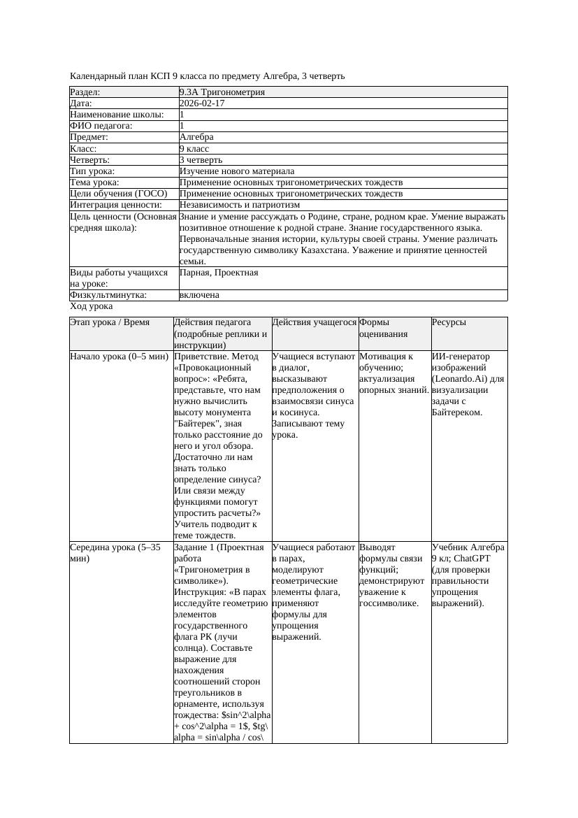 КСП Алгебра 9класс 3 четверть Применение основных тригонометрических